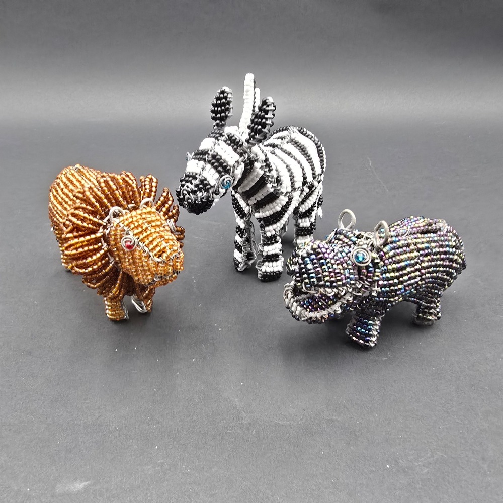 African Wire Bead Animal Figurines Set Lion Zebra Hippo Safari Folk Art 3pc - Picture 8 of 12